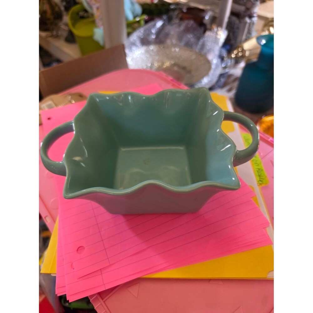 AT-1 Strawberry Fields Ceramic Ruffled  Baking Dish with handles - Aqua